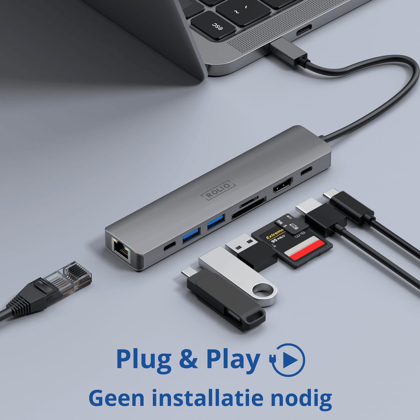 Rolio USB C Hub - 7 in 1 - 4K 60hz HDMI - 1Gbps Ethernet - USB 3.0 - USB-C