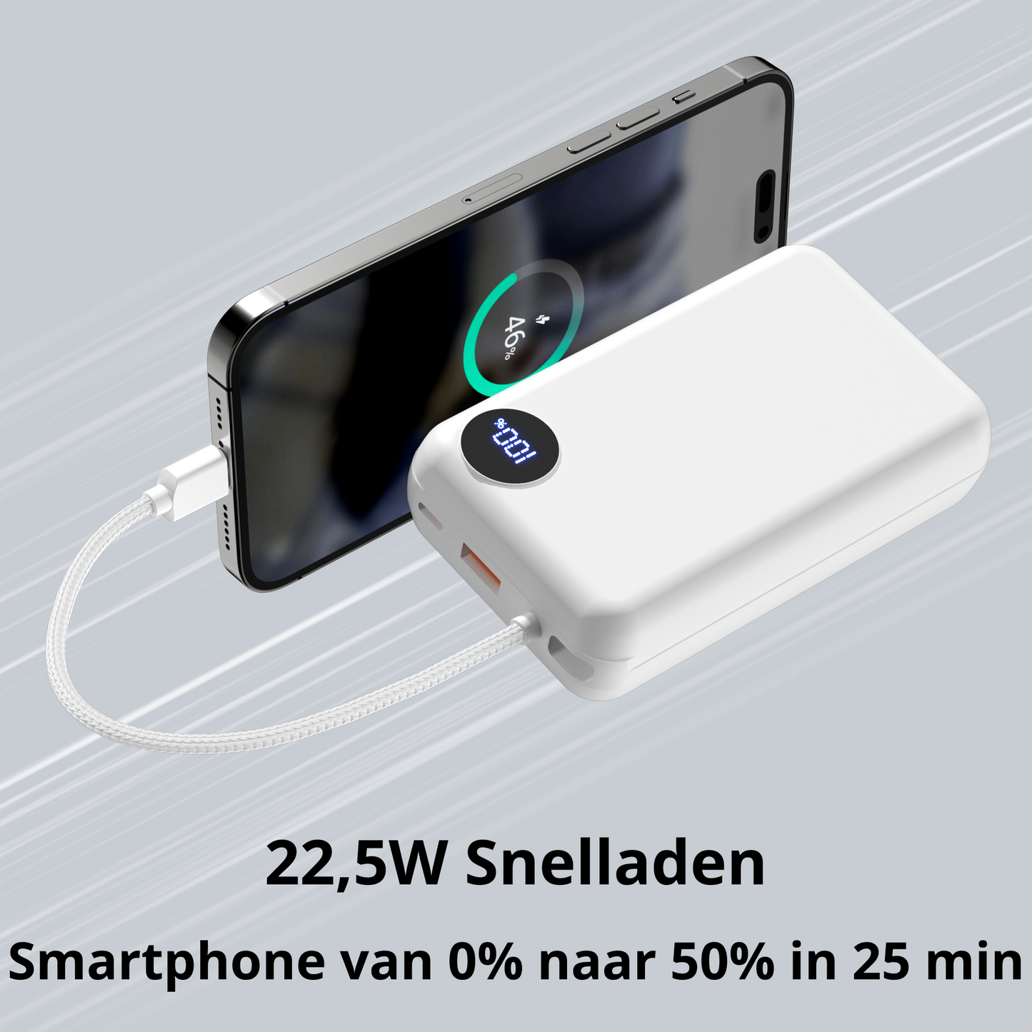 Rolio Powerbank - 20.000 mAh - 2x USB-C - 1x USB-A - Vaste USB-C kabel - 22,5W Snelladen - Geschikt voor iPhone, Samsung, Universeel