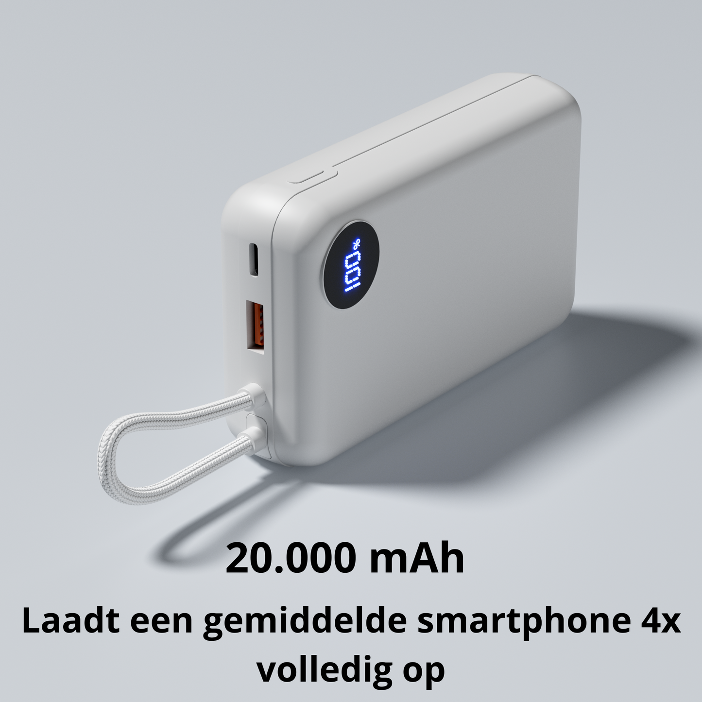 Rolio Powerbank - 20.000 mAh - 2x USB-C - 1x USB-A - Vaste USB-C kabel - 22,5W Snelladen - Geschikt voor iPhone, Samsung, Universeel
