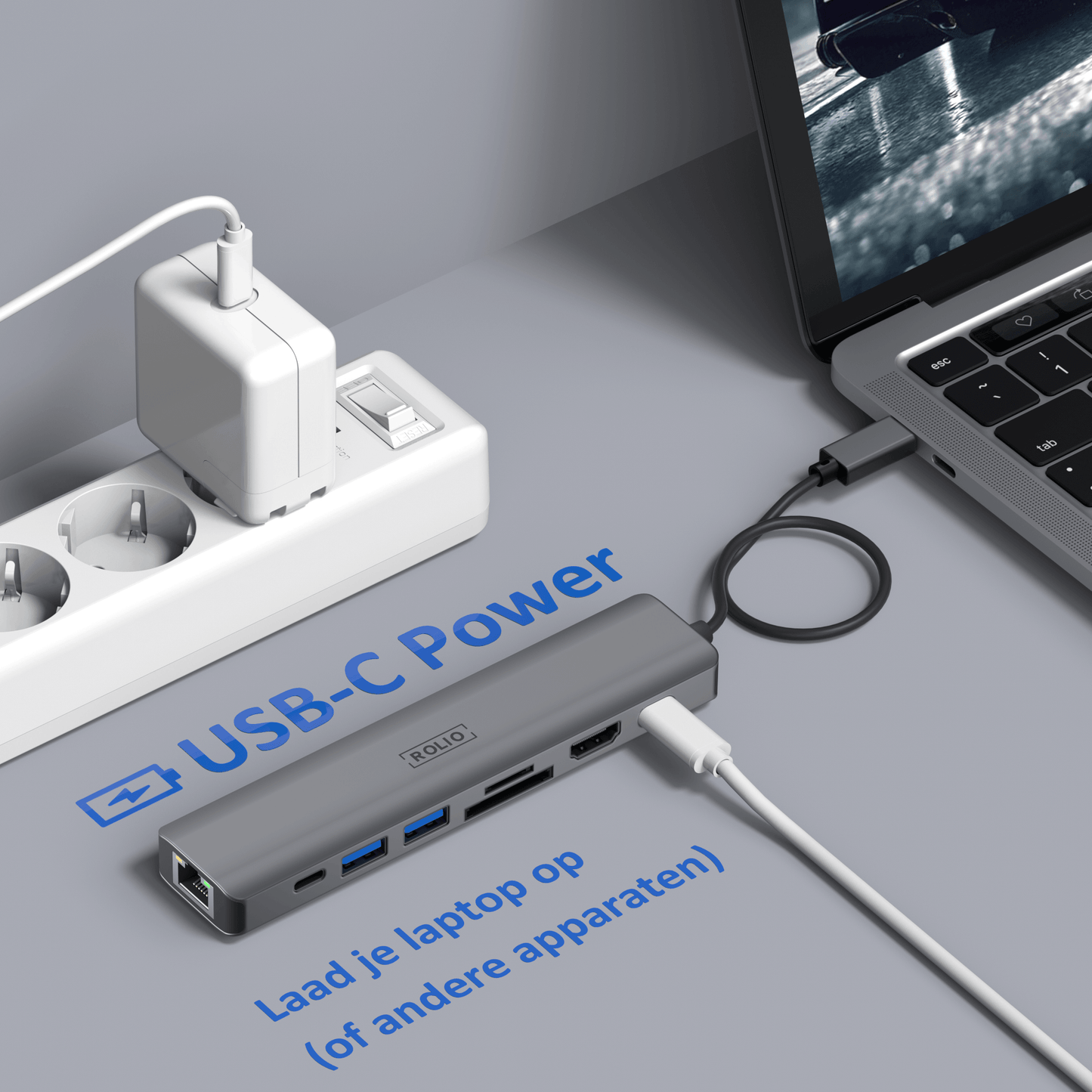 Rolio USB C Hub - 7 in 1 - 4K 60hz HDMI - 1Gbps Ethernet - USB 3.0 - USB-C
