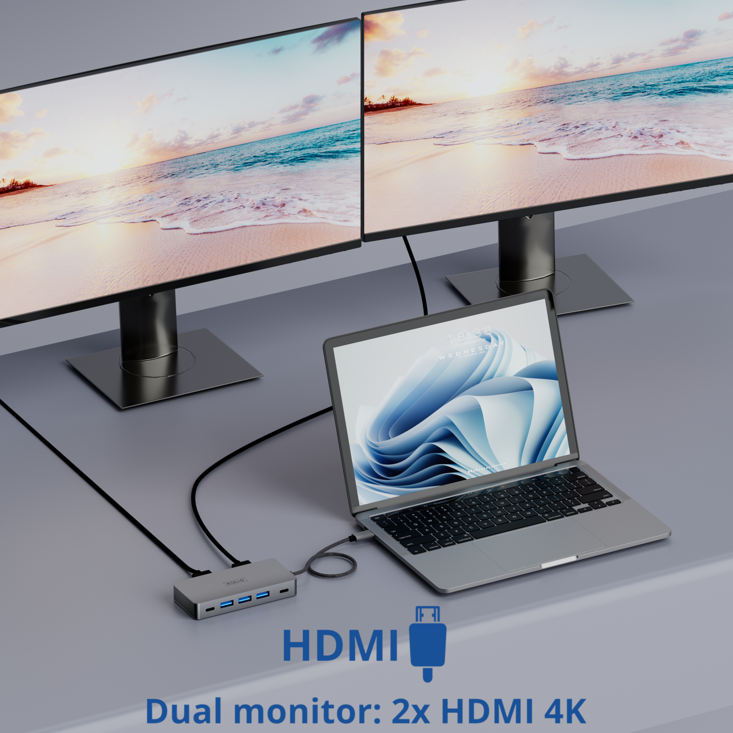 Rolio USB C Hub - Dual Monitor - 2x HDMI 4K - 2x USB-C - 3x USB 3.0