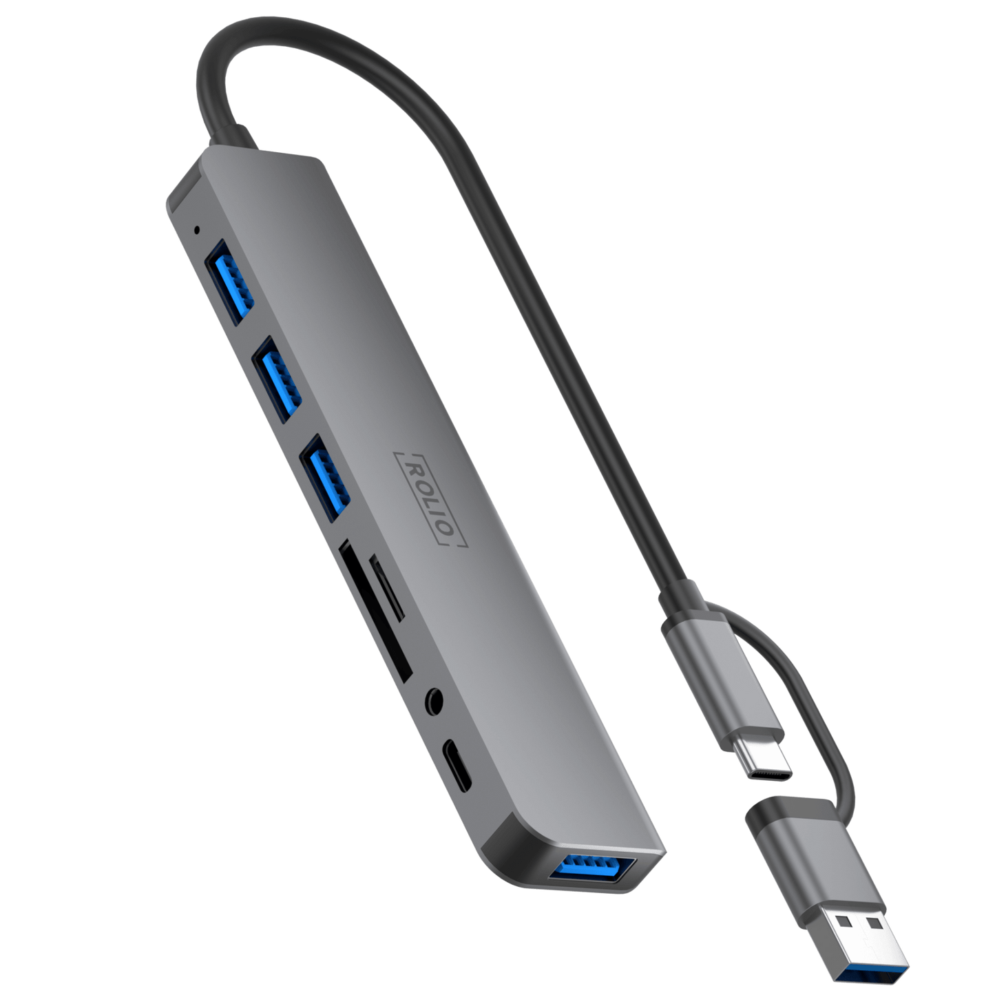 Rolio USB C Hub - 4x USB-A - USB-C - 3.5mm Aux - SD/TF kaartlezers - Inclusief Converter