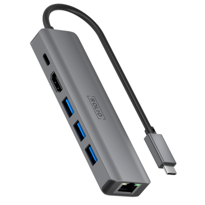 Rolio USB C Hub - 6 in 1 - 1Gbps Ethernet RJ45 - HDMI - USB-C Opladen - 3x USB 3.0