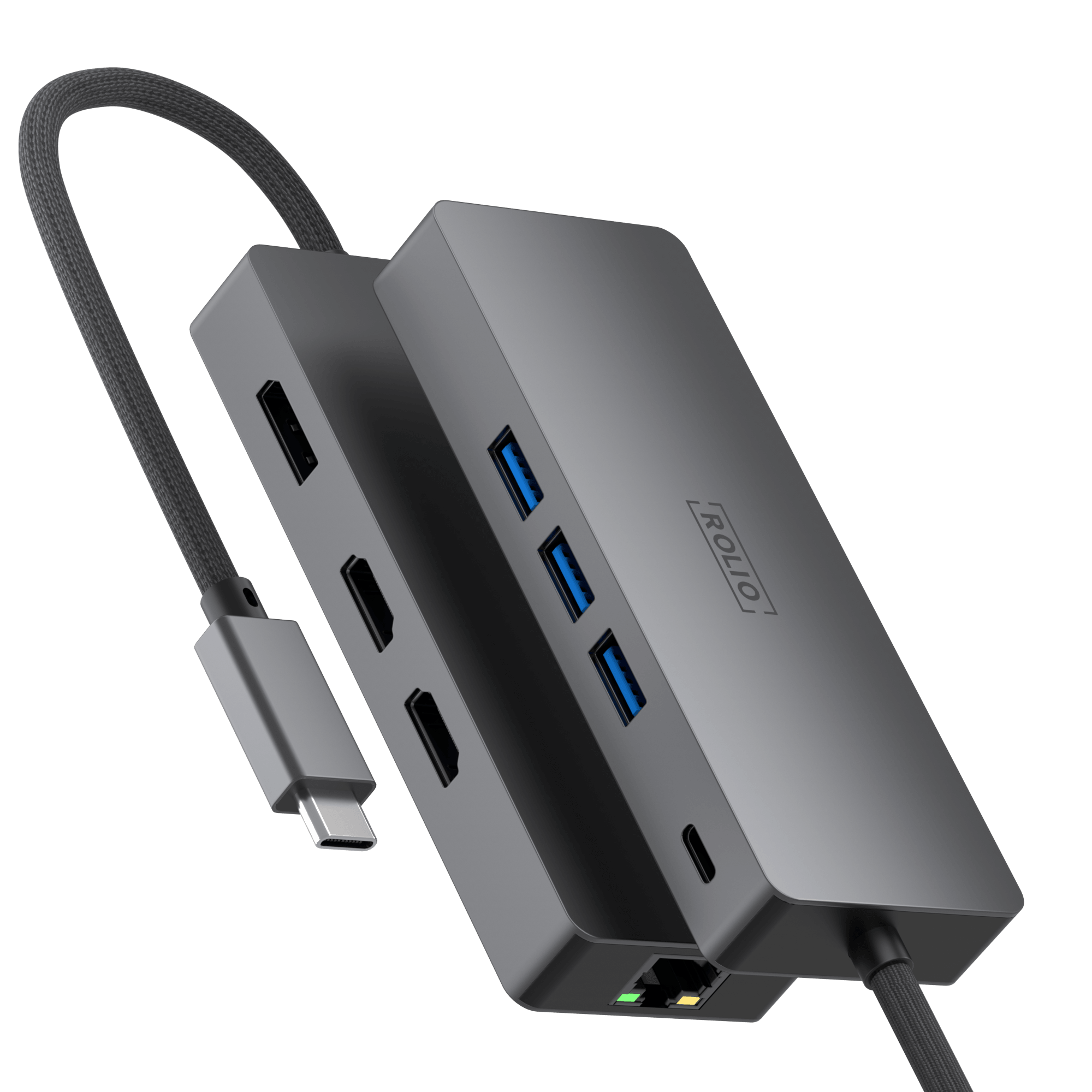 Rolio USB C Hub - Triple Monitor - 2x HDMI - 1x DisplayPort - 3x USB 3