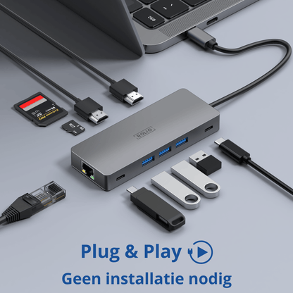 Rolio USB C Hub - Dual HDMI - 3x USB 3.0 - 2x USB-C - SD/TF Kaarten - 1Gbps Ethernet