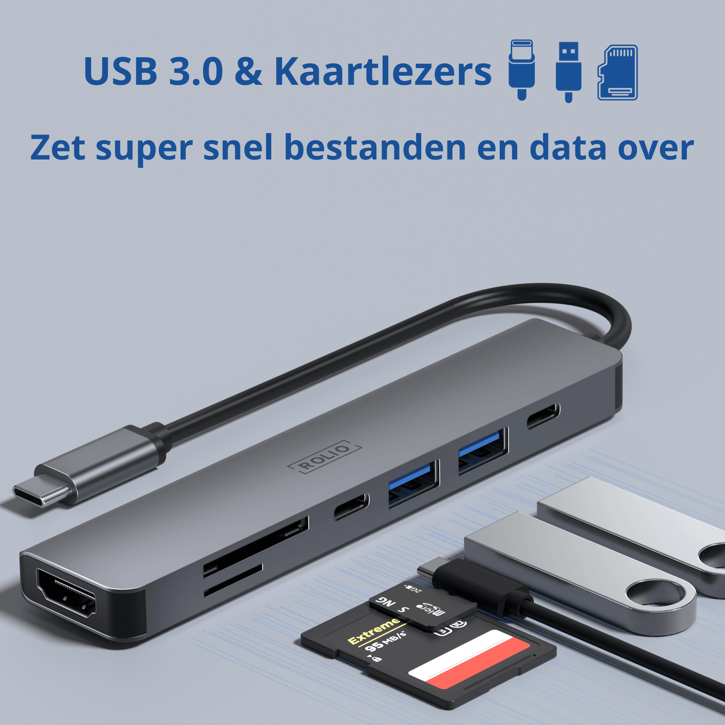 Rolio USB C Hub - 7 in 1 - HDMI 4K - 2x USB-C - 2x USB-A - SD/TF