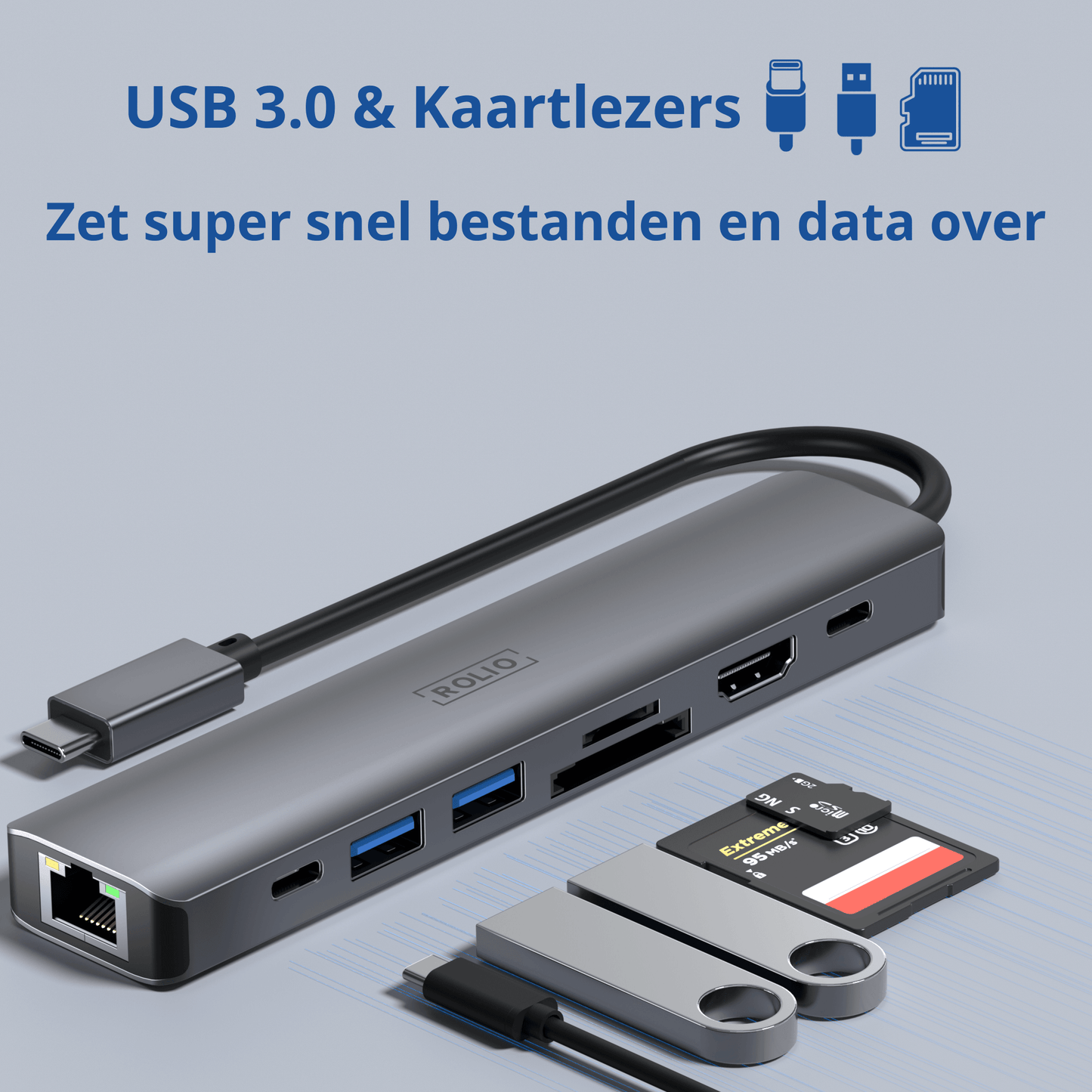 Rolio USB-C-Hub – 7 in 1 – 4K 60 Hz HDMI – 1 Gbit/s Ethernet – USB 3.0 – USB-C