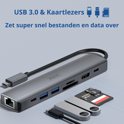 Rolio USB-C-Hub – 7 in 1 – 4K 60 Hz HDMI – 1 Gbit/s Ethernet – USB 3.0 – USB-C