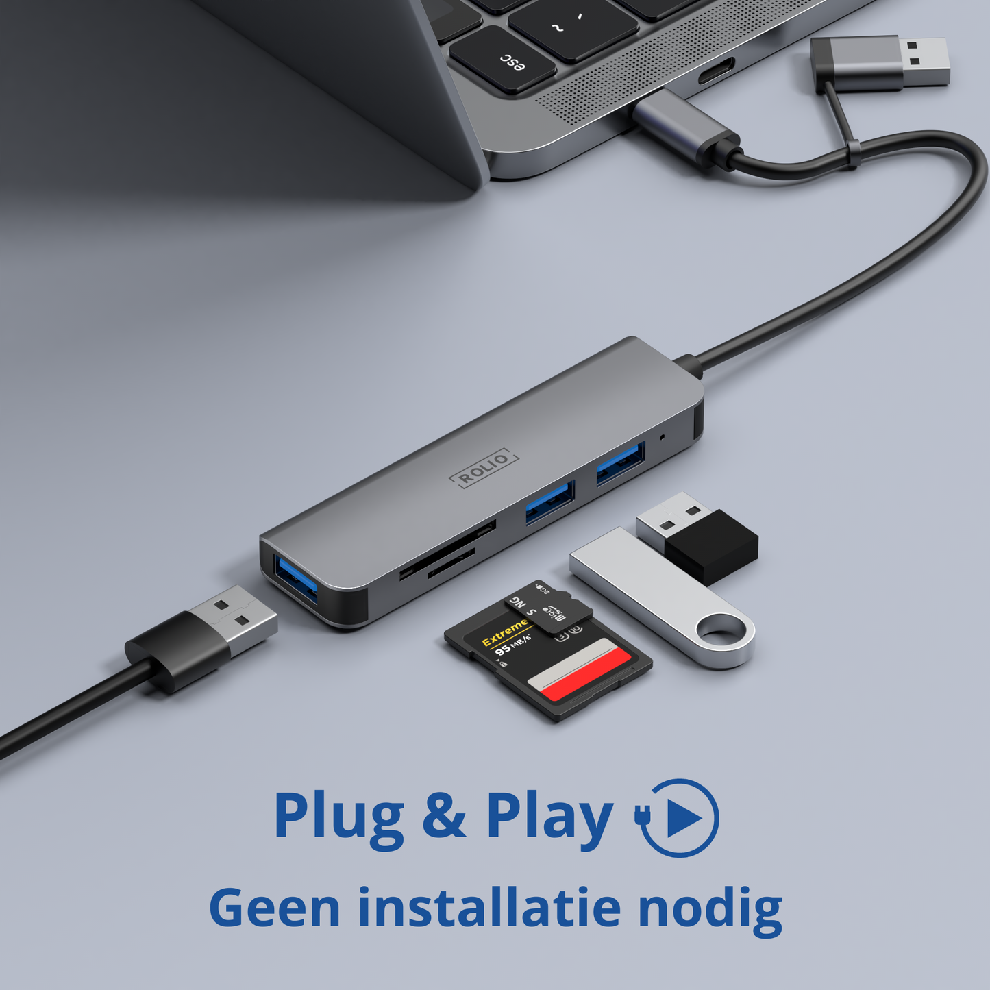 Rolio USB-C Adapter - 5 in 1 - SD/TF Card Reader - 3x USB 3.0