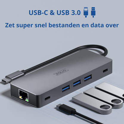 Rolio USB C Hub - Dual HDMI - 3x USB 3.0 - 2x USB-C - SD/TF Kaarten - 1Gbps Ethernet