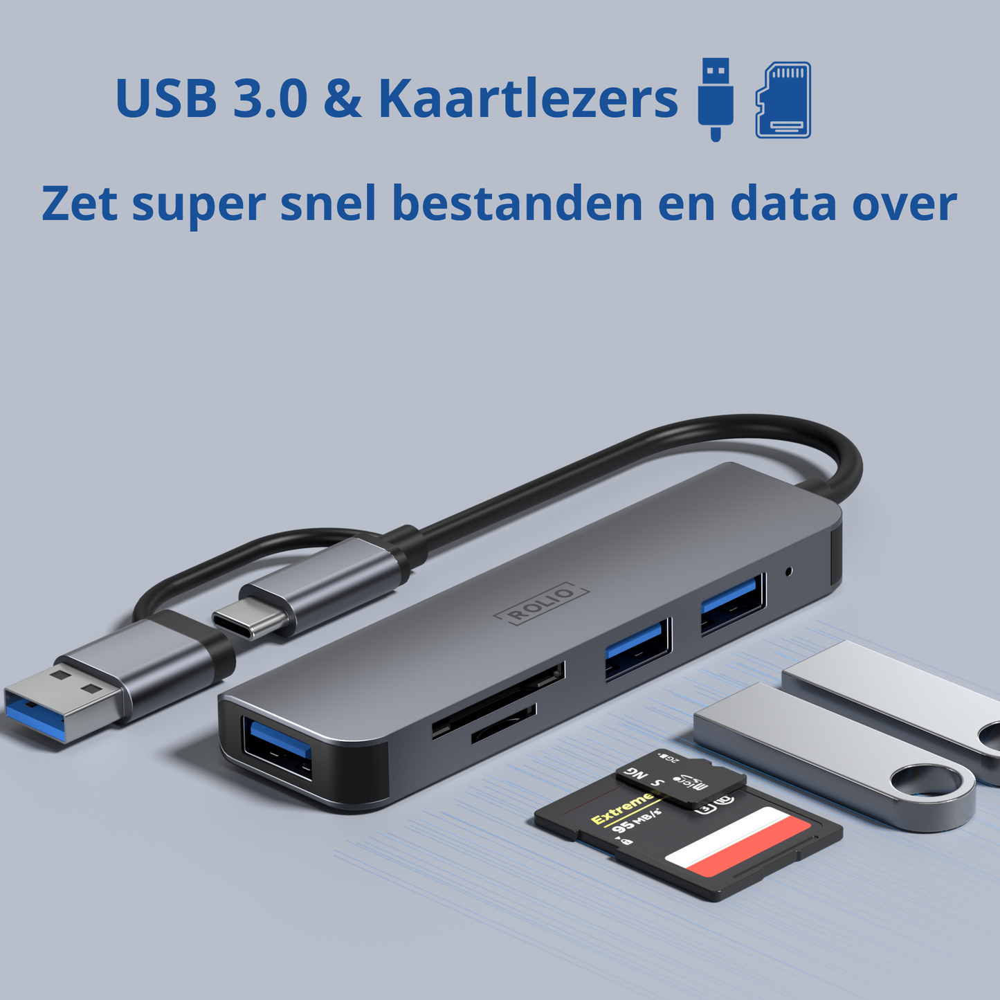 Rolio USB-C Adapter - 5 in 1 - SD/TF Card Reader - 3x USB 3.0