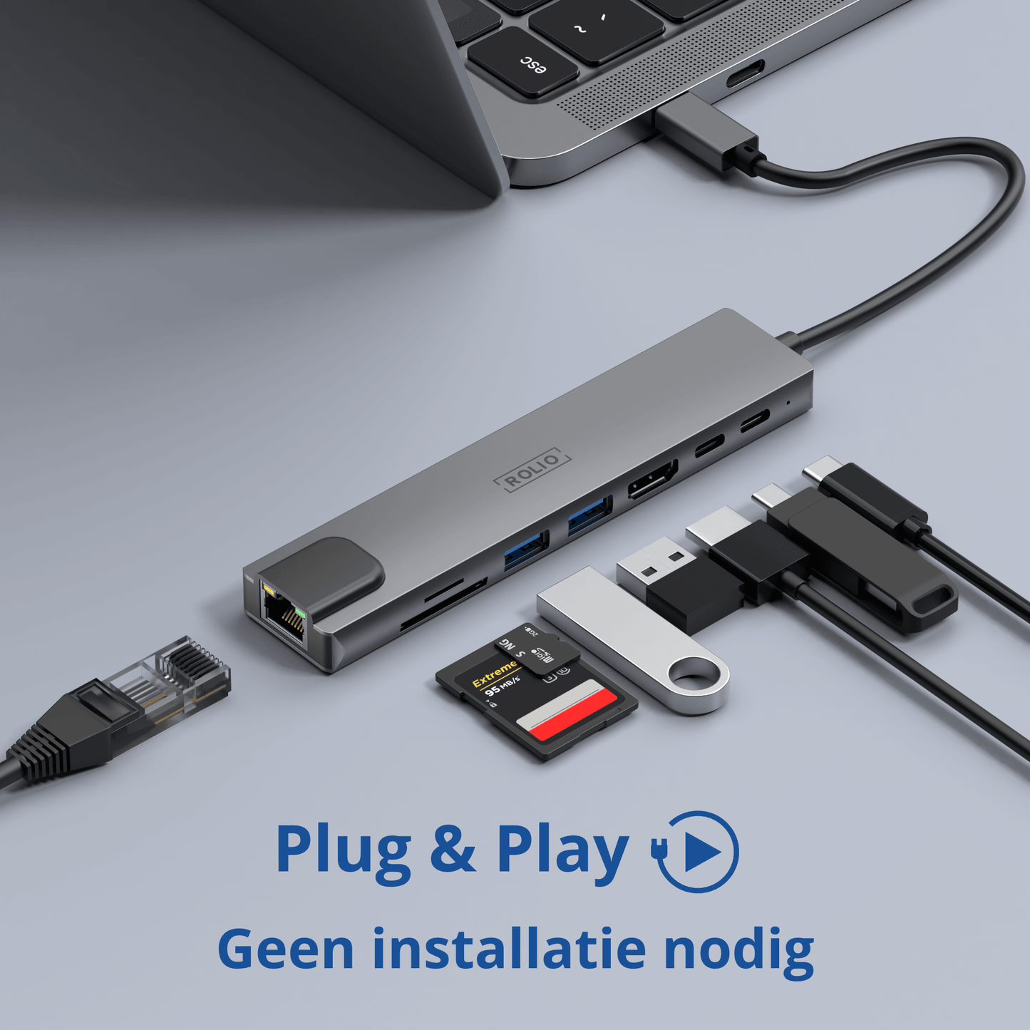 Rolio USB C Hub - 8 in 1 - Ethernet LAN - HDMI - SD/TF - USB-C Opladen - USB 3.0