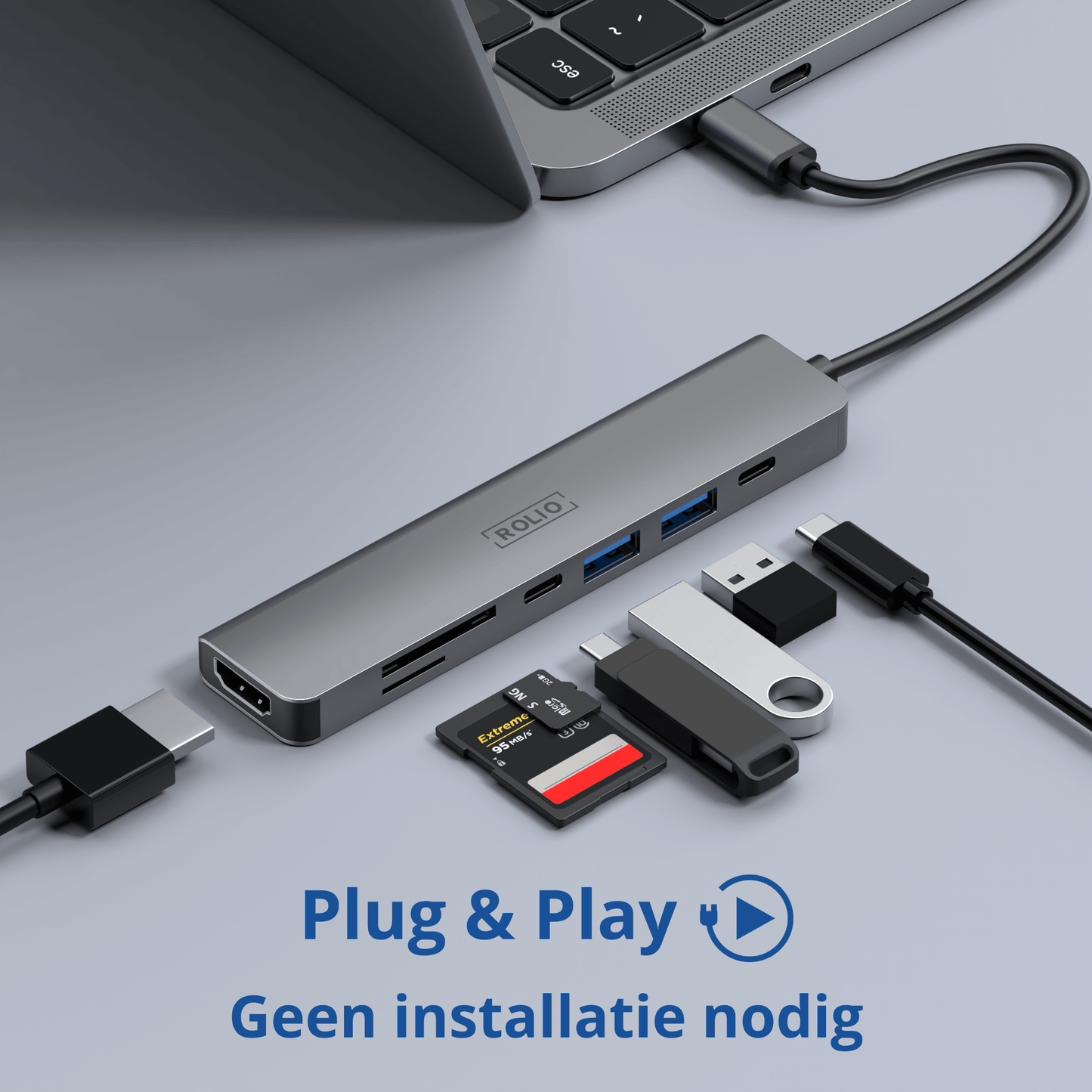Rolio USB C Hub - 7 in 1 - HDMI 4K - 2x USB-C - 2x USB-A - SD/TF