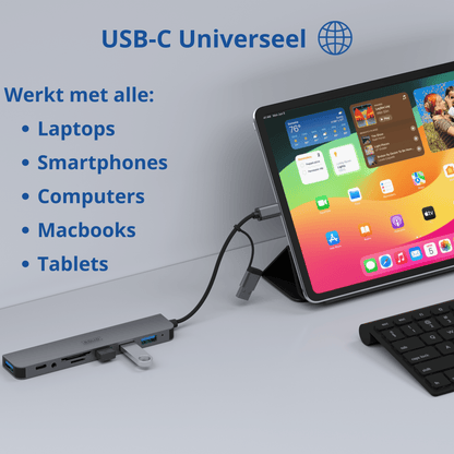 Rolio USB C Hub - 4x USB-A - USB-C - 3.5mm Aux - SD/TF kaartlezers - Inclusief Converter