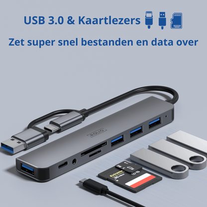 Rolio USB C Hub - 4x USB-A - USB-C - 3.5mm Aux - SD/TF kaartlezers - Inclusief Converter