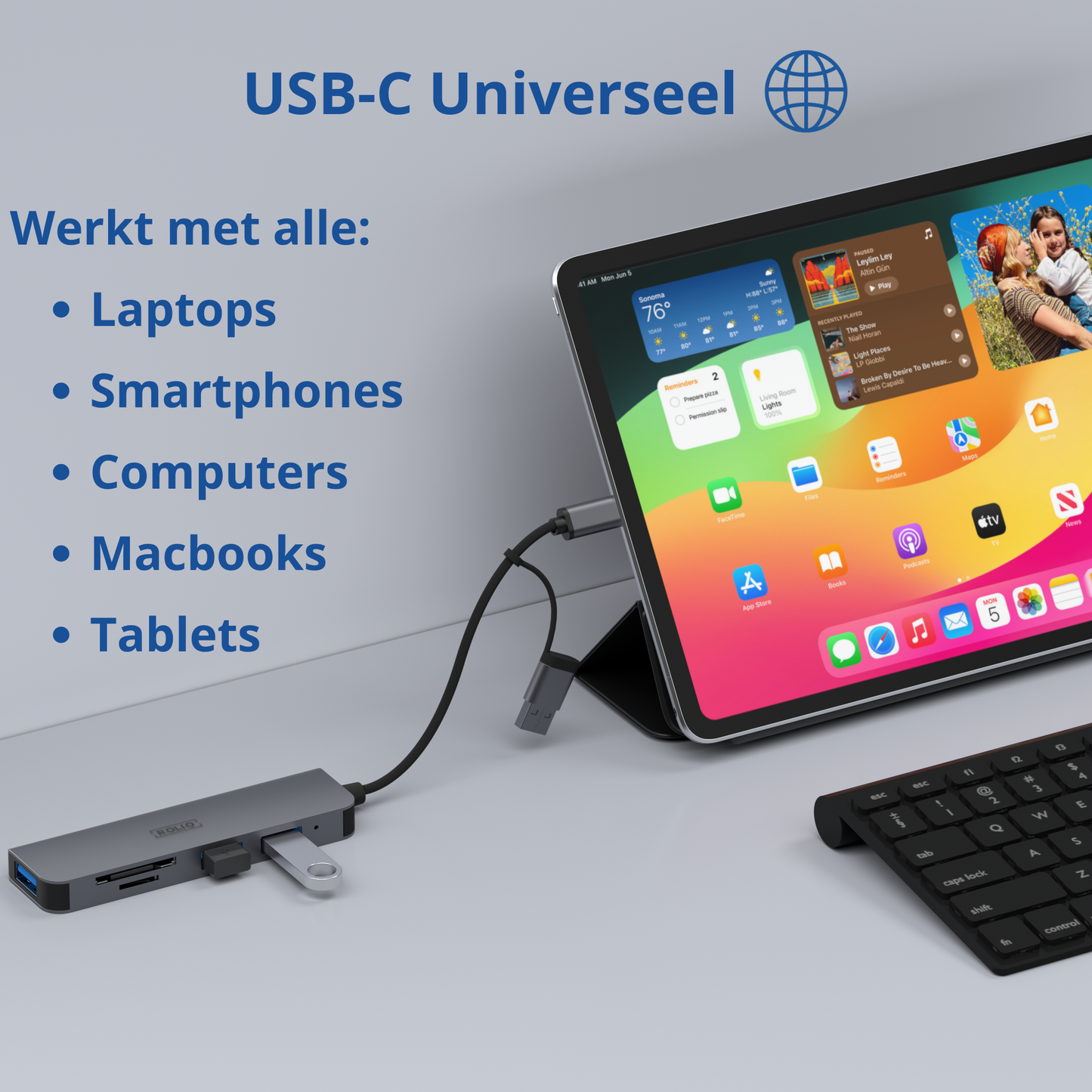 Rolio USB-C Adapter - 5 in 1 - SD/TF Card Reader - 3x USB 3.0