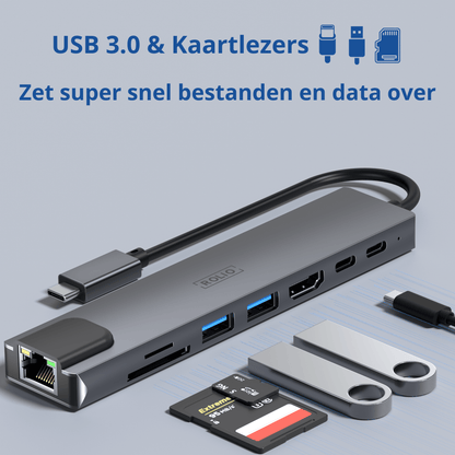 Rolio USB C Hub - 8 in 1 - Ethernet LAN - HDMI - SD/TF - USB-C Opladen - USB 3.0