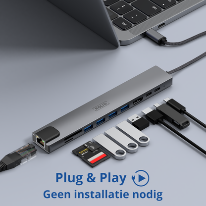 Rolio USB C Hub - 10 in 1 - HDMI - 2x USB-C - SD/TF - 4x USB-A - Ethernet