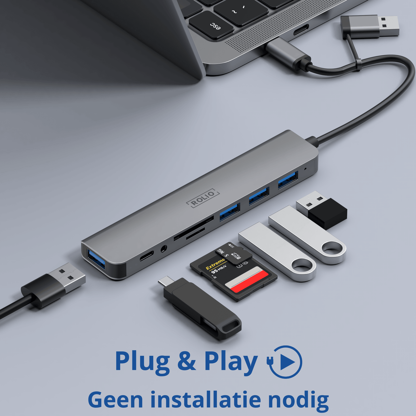 Rolio USB C Hub - 4x USB-A - USB-C - 3.5mm Aux - SD/TF kaartlezers - Inclusief Converter