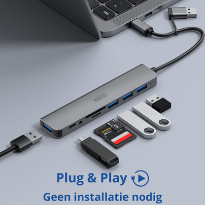 Rolio USB C Hub - 4x USB-A - USB-C - 3.5mm Aux - SD/TF kaartlezers - Inclusief Converter
