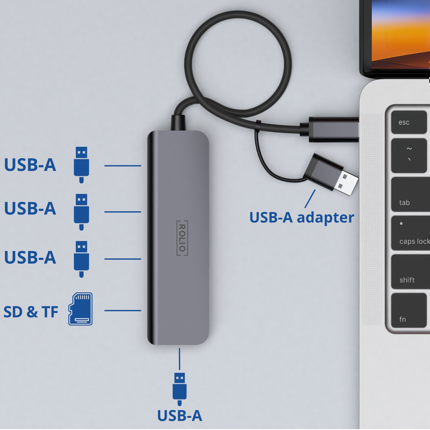 Rolio USB-C Adapter - 5 in 1 - SD/TF Card Reader - 3x USB 3.0