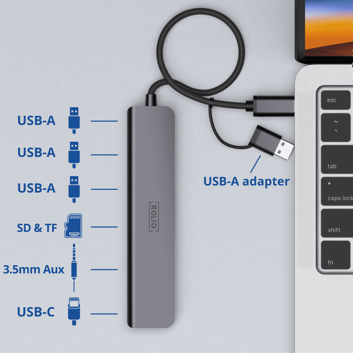 Rolio USB C Hub - 4x USB-A - USB-C - 3.5mm Aux - SD/TF kaartlezers - Inclusief Converter
