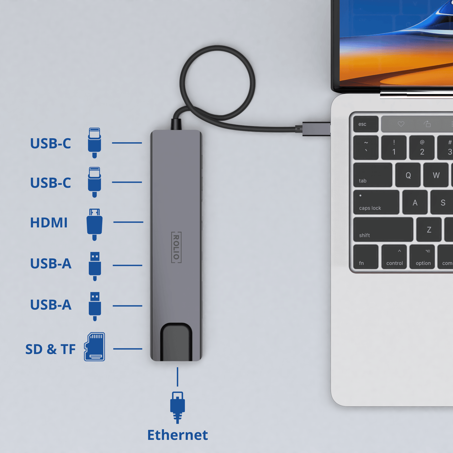 Rolio USB C Hub - 8 in 1 - Ethernet LAN - HDMI - SD/TF - USB-C Opladen - USB 3.0