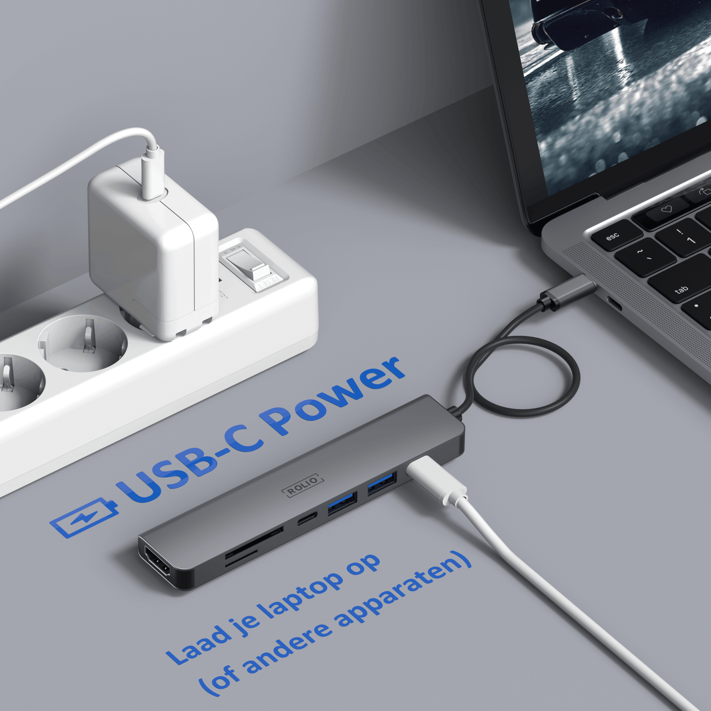 Rolio USB C Hub - 7 in 1 - HDMI 4K - 2x USB-C - 2x USB-A - SD/TF
