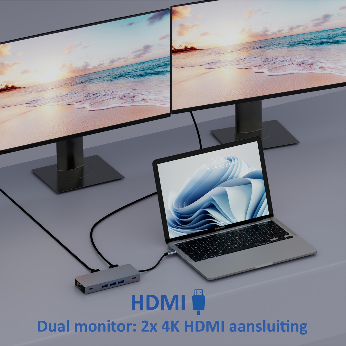 Rolio USB C Hub - Dual HDMI - 3x USB 3.0 - 2x USB-C - SD/TF Kaarten - 1Gbps Ethernet