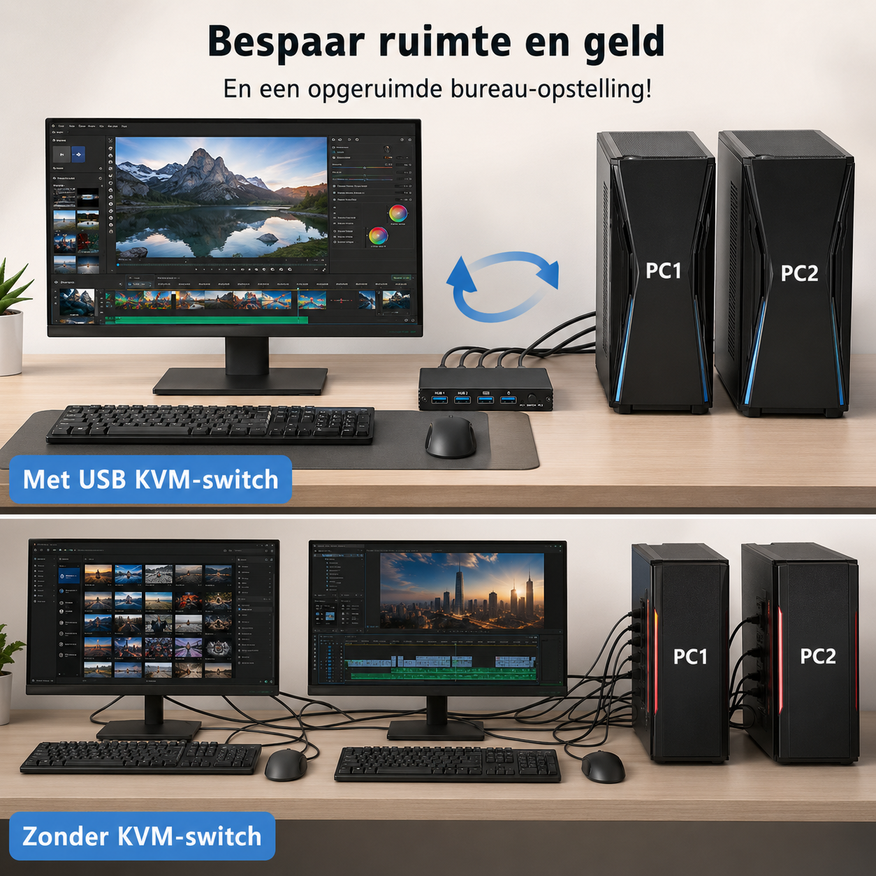 Rolio KVM Switch - 2 PC's delen - USB switch - 4K HDMI - Apparaten aansluiten op 2 Computers/Laptops - Zwart