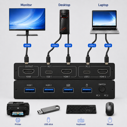 Rolio KVM Switch - 2 PC's delen - USB switch - 4K HDMI - Apparaten aansluiten op 2 Computers/Laptops - Zwart