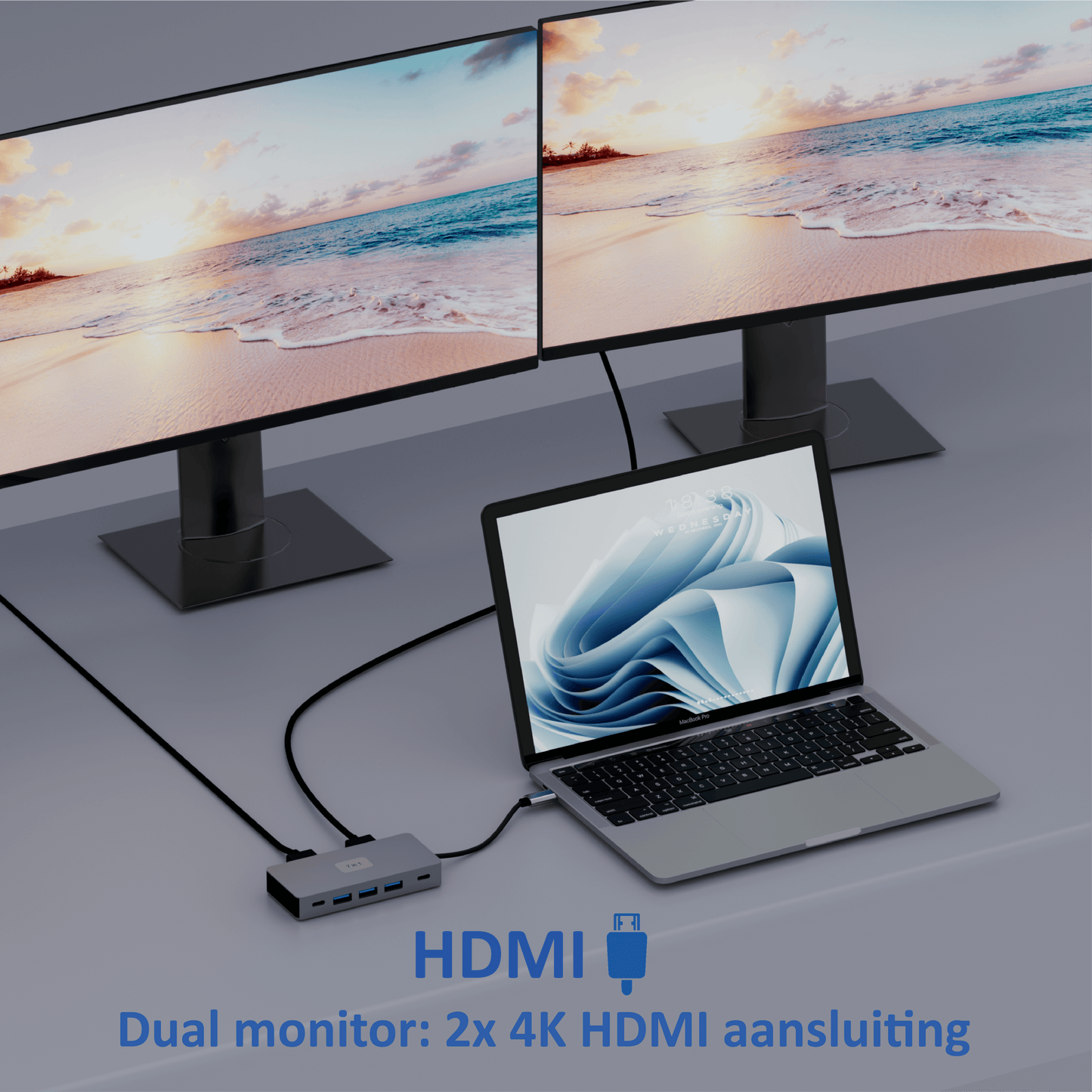 Rolio USB C Hub - Dual Monitor - 2x HDMI 4K - 2x USB-C - 3x USB 3.0