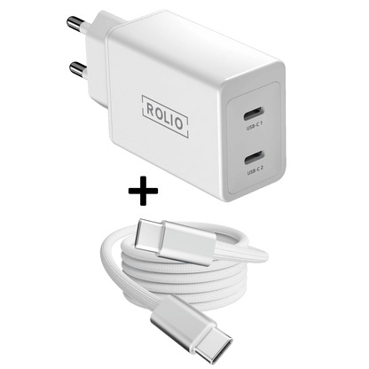 Rolio Oplader 45W - 2x USB C - Inclusief USB-C kabel 2 meter - Snellader - Rolio