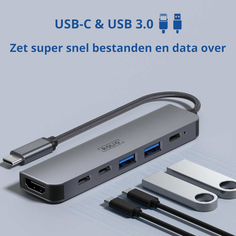 USB C Hub - 6 in 1 - HDMI - 3x USB-C - 2x USB-A USB C Hub - 6 in 1 - HDMI - 3x USB-C - 2x USB-A
