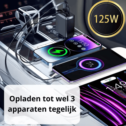 Rolio Autolader 125W - USB C en USB A - Super Snellader - Inclusief intrekbare USB-C kabel - Rolio