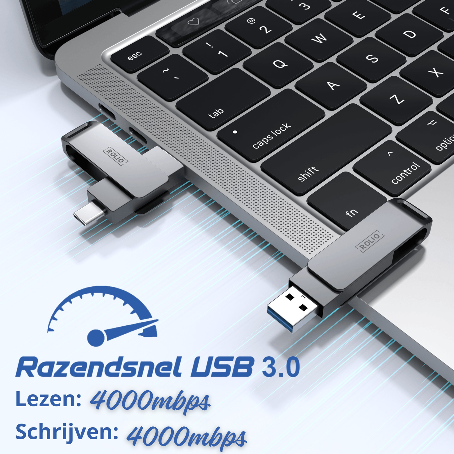 Rolio USB Stick SSD 256GB - 4Gbps - USB C en USB A - SSD snelheid 4000Mbps