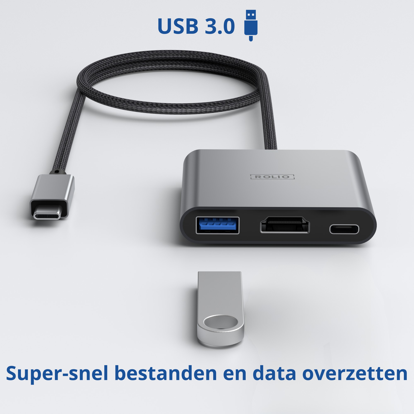 Rolio USB C naar HDMI Adapter - 3 in 1 - 35cm kabel - 4K HDMI - USB 3.0 - USB-C Opladen