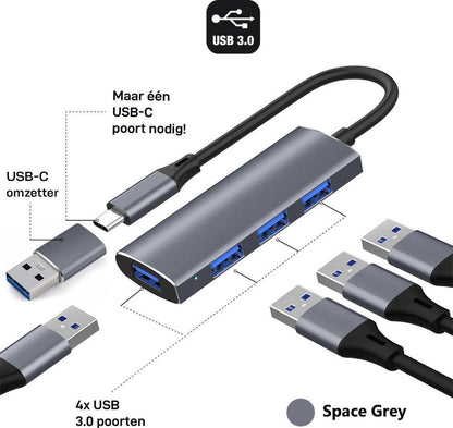 Rolio USB C Adapter - 4 in 1 - 4x USB 3.0 Splitter - Inclusief converter - Rolio