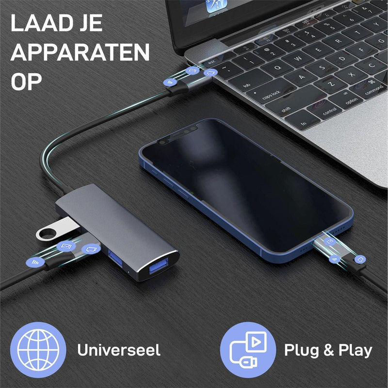 Rolio USB C Adapter - 4 in 1 - 4x USB 3.0 Splitter - Inclusief converter - Rolio